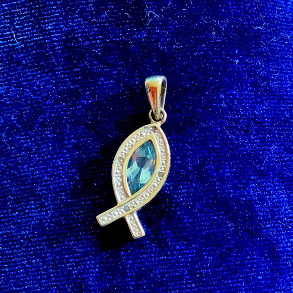 Christian symbol fish pendant stamped 925 big sky blue topaz w/ 4 tiny diamonds